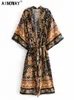 Vintage Chic Donna Nero Stampa floreale Kimono bohemien Lady Telai scollo a V maniche a pipistrello Beach Boho Robe Bikini Cover-up 240321