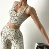 Bras Sexy Beige Snake Print Underwear Women's Gym Running Pilates High Intensity Training Bra Shockproof Gathered Top TShirts