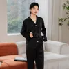 Домашняя одежда Черный женский пижамный комплект с длинными рукавами, рубашка и штаны, одежда из искусственного шелка, одежда для сна, 2 шт., пижамы, брюки, костюм, нижнее белье