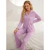 Ropa de casa Pijamas de manga larga gris y morado con cuello vuelto, albornoces cálidos para mujer, traje para dormir, ropa femenina, ropa interior de 2 piezas S M L XL