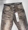 Dżinsy męskie fioletowe dżinsowe dżinsy męskie męskie moda Strtwear Slim Paint Graffiti Uszkodzone podarte Hip Hop Jean Pants T240402