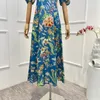 Party Dresses 2024 Summer Autumn Vintage Blue Botanic Flowers Printed Short Sleeve Midi Dress Women Fashion Clothes