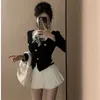 Work Dresses Black coat early autumn short slim fit long sleeved college style white high waisted pleated skirt two-piece set