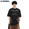 Men's T Shirts Washed Distressed Short Sleeve T-shirt Mens Print Summer High Neck Half-Sleeve Cotton Tee Men Tshirt