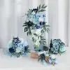 Fleurs décoratives bleu mariage mariée tenir Bouquet demoiselle d'honneur fleur main poignet Floral marié Corsage ruban de Satin fête mariage