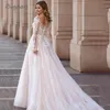 Elegant V-hals bröllopsklänningar plus storlek spets långärmad kvinnor vit öppen rygg tyll brud klänning svep tåg vestidos de novia 240320