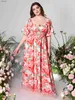 Robes sexy urbaines été courte esclave découpée robe longue, plus la taille de la mode robe florale imprimer taille élastique épaule tenue décontractée Y240402