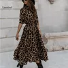 Vestidos casuais elegante outono leopardo impresso sundress boêmio mulheres lapela pescoço camisa vestido femme robe manga longa festa midi vestidos