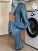 Dżinsowe dżinsy szerokie nogi kobiety niebieskie vintage fringed imperium cała mecz
