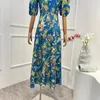 Party Dresses 2024 Summer Autumn Vintage Blue Botanic Flowers Printed Short Sleeve Midi Dress Women Fashion Clothes