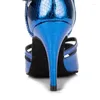 Dance Shoes DILEECHI Women's Blue PU Latin Soft Outsole Square Professional Female Ballroom Dancing 8.5cm