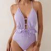 Maillots de bain pour femmes Sexy violet côtelé dos nu maillots de bain femmes une pièce maillots de bain femme évider Monokini maillot de bain à volants baigneurs