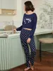 Hemkläder kvinnors pyjama Set 5-stjärnigt tryck Sleepwear 2-stycken Crop Långa ärmar Toppar med elastiska byxor nattkläder som fritidsdräkt