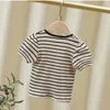 Baby flickor kort ärm t-shirt sommar barn topp tees småbarn randiga tryckta skjortor barns kläder koreansk stil 240318