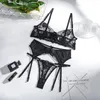 Bras Sets Womens Sexy Sheer Lace Rose Embroidery Lingerie Set Bra Tops Thong Panties Suspender Belt Nightwear Outfit Seductive Underwear