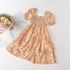 Mädchen Kleider Girl039S 2022 Baby Sommer Kleidung Kinder Mode Kurzarm Floral Elastisches Kleid Stilvolle Quadrat Kragen Kinder2899447 Ot2Tx