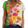 Kvinnors T-skjortor Elegant kort ärm V-Neck Casual Large Flower Mönster T-shirt 2024 Säljer Street 3D-tryckning