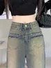 Женские джинсы Aoaiiis, женские шикарные дизайнерские брюки с высокой талией, винтажные потертые прямые классические брюки, широкие джинсовые брюки