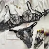 Bras Sets Women Sheer Mesh Perspective Bra Thong Briefs Underwear Lace Floral Embroidery Temptation Erotic Lingerie Exotic Outfit