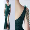 Party Dresses Navy Evening Beading Shoulders Sequined Pattern Lace Ostrich Fur V Neck Prom Gown Open Back Front Split Long Dress