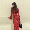 Dresses Women's 2023 Dress Lady Full Sleeve Red Print Sheath Ankle Long Silk Summer Pretty Women Trendy Midi Party Women Dress