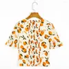 Women's Blouses Women Summer Beach Style Vacation Lemon Print Casual Blouse 2024 Clothes Sweetheart Neck Tie Bow Short Puff Sleeve Top