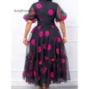 Stor fru 2024 Holiday Dress Flower Print V-Neck Mesh Sleeve Kort Autumn Spring Ball Long Date Dress /Print /Print /