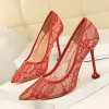 Pumps Autumn New Red Purple Shallow Wedding Women Pumps Fashion Mesh Lace Hollow High Heels 10CM Shoes Pointed Toe Ladies Party Dress