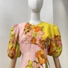 Parti Elbiseleri Gelişler İlkbahar Yaz Çiçek Baskısı O yaka Kısa Puflu Kol Üst Kalıcı Keten Kadınları Midi Elbise