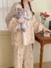 Home Clothing Cartoon Lace Print Sweet Cute Spring Korean Long Sleeve Pajama Set Women Loose Elegant Sleepwear Bow Tie Comfortable Ins