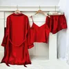 Casa roupas 3 pçs conjunto de pijamas kimono cinta topshorts roupão pijamas terno verão feminino robe sleepwear lingerie roupas de cetim de seda