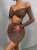 Casual jurken sexy off-shoulder jurk met lange mouwen laag uitgesneden v-hals bodycon geplooide ruches backless tweedelige set dames feest elegant