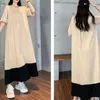 Robes de soirée 2024 Mode d'été Rétro Art Simple Col Rond Manches Courtes Panneau Contraste Couleur Casual Lâche Oversize Longue Robe Pour Femme