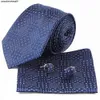 Designer Tiebrand Tie Silk Cufflinks Set Blue Pattern Formal Business Wedding Square Scarf A9y3