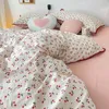 INS Girls Cherry Bedding Set Soft Washed Cotton Bed Sheet Queen King Size Simple Quilt Cover Pillowcase Bed Linens 240320