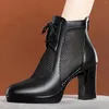 Boots Women Black Mesh Ankle High Heel Lace Up Outwear Footwear Classic Thick Heels Breathable Autumn Winter Cool Botas