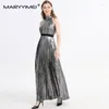 Sukienki swobodne Maryyimei Spring Summer Fashion Sukienka dla damskiej stand up kołnierz Bright Silk Slim Elegant Party Maxi plisted