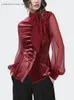 Blusas femininas elegantes e elegantes blusa de chiffon de veludo com gravata borboleta mangas lanterna camisa vermelha irregular para moda primavera 2024