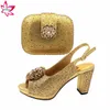 Chaussures italiennes de haute qualité pour femmes, Style classique, ensemble de sacs assortis, couleur dorée, talons confortables pour fête dans le jardin, 240326