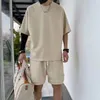 여름 남성 캐주얼 와플 Tshirt 및 반바지 커플 세트 패션 2 조각 트랙 슈트 240402