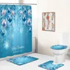 Rideaux de douche Ensemble de Noël Boule de corde bleue Flocon de neige Année de Noël Décoration de salle de bain Tapis de bain Tapis antidérapant Couvercle de couvercle de toilette