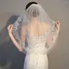 Veli da sposa Velo corto in pizzo a due strati con pettine al gomito da sposa bianco avorio