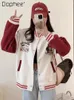 Cartoon Print Loose Casual Baseball Uniform Spring College Style Single Breasted Long Sleeve Cardigan Jacket Female Student 240319
