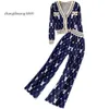 High-End 2024 Suit Foreign-Style V-Neck Single-Breasted Short Knitted Cardigan Coat High Waist Wide Leg Pants Two-Piece