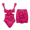 Traje de baño para mujer 2024 Flor roja 3D Traje de baño de una pieza Mujeres con falda de playa Traje de baño Ropa de playa Monokini Nadar Verano