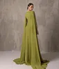 Elegant Long Green Asymmetrical Neck Evening Dresses With Sleeves Mermaid Crepe Floor Length Zipper Back Prom Dresses for Women