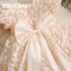 Girls Party Dress Flower Solid Summer 2024 New Childrens Skirt Bow Baby Puff Sleeves Mesh Princess 240402