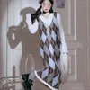Xgoth – robe de travail Chic, ensemble deux pièces, col en v, carreaux, droite, tricotée, manches longues, chemise inférieure, mode coréenne