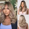 Wigs ALAN EATON Medium Long Water Wave Ombre Brown Blonde Synthetic Wigs Natural Middle Part Heat Resistant Hair Wigs for Black Women