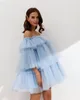 Abiti casual Lavanda Senza spalline A strati Tulle Corto Donna con spalle scoperte Puff Maniche lunghe Mini Maxi DFress Abito da damigella d'onore